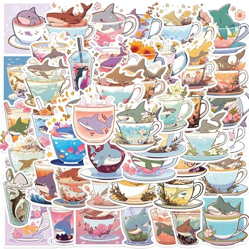 Shark Cup Stickers 50 Pcs Waterproof Cute Shark Sticker for Laptop Skateboard Water Bottle Luggage Computer Hydro Flask Phone Car Bike,Vinyl Aesthetic Cup Stickers for Teens Kids Adults