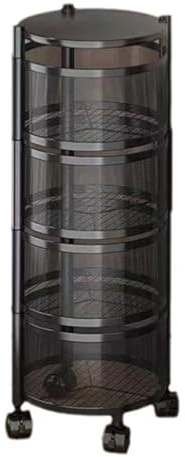 RRXIMHTT Fruit Basket for Kitchen, 5 Tier Circular Rotating Basket, Large Storage Rack with 360 Degree Wheels, Fruit Vegetable Metal Wire Shelf with Top Lid for Living Room, Office, Black Black Four