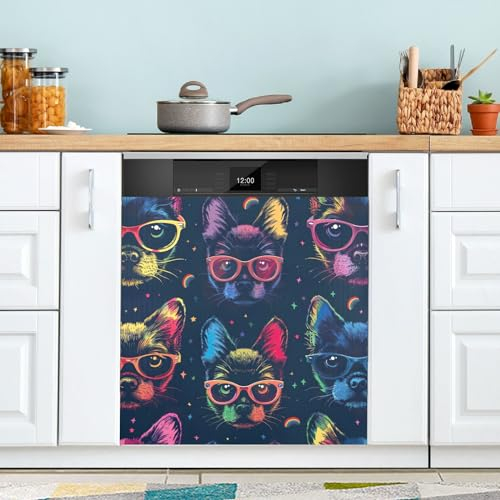 CHIFIGNO Katzengesichter mit Brille, LGBT-Magnet, Geschirrspüler-Abdeckung, dekorativer Kühlschrank-Magnet-Panel-Aufkleber, wiederverwendbar, magnetischer Kühlschrank-Aufkleber, 58,4 x 66 cm