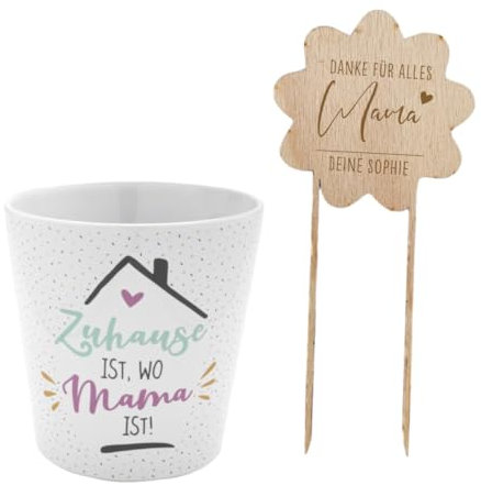 AWASG Geschenk Set Mama Muttertag - Personalisiert mit Namen - Blumenübertopf mit Blumenstecker aus Holz