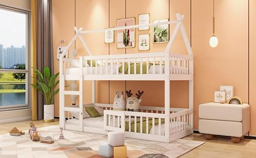 ZYLOYAL10 Kinder-Etagenbett, Kinder-Familienbett, Etagenbett mit Treppe, Loft Design, Massivholz-Etagenbett-Rahmen (Weiß, 90 * 200)
