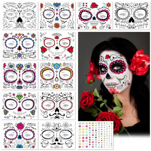 Halloween Tatuajes Temporales de Cara, 12 Hojas Halloween Tatuaje Facial Temporal y 1 Gemas Faciales Pegatina, Tatuaje de Cara de Halloween Pegatinas de Maquillaje Facia