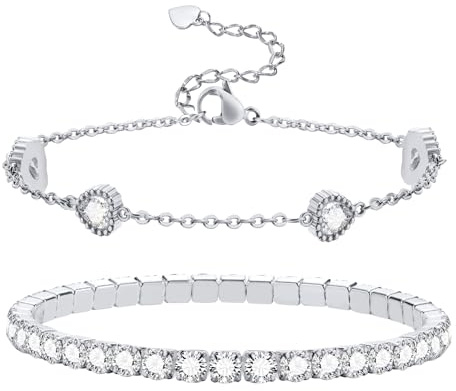 2 Stück Armband Damen Gold Silber - Edelstahl Schmuck 14K Vergoldet Elastische Zirkonia Tennisarmband Verstellbare Herz Armkette Armbänder Set Geschenk für Frauen Mädchen Freund Weihnachtsgeschenke
