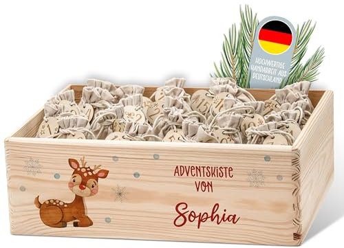 Lilleta ® Personalisierte Adventskiste - Adventskalender 2024 aus Holz mit Namen - Weihnachtskalender für Kinder & Erwachsene (Rudolf)