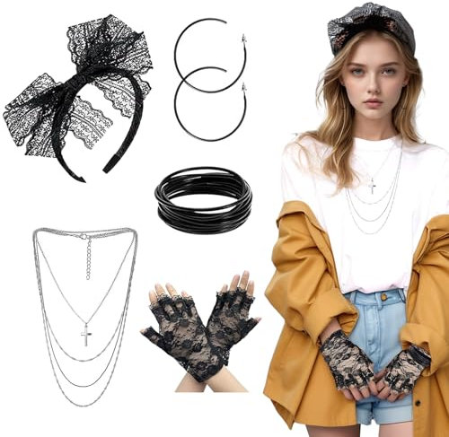 Werownsgso 5 Stück 80er Jahre Kostüm Zubehör Damen, Spitze Stirnband Fischnetz Handschuhe Ohrringe Kreuz Halskette Silikon Armbänder, 80er-Jahre-Vintage-Accessoires für Karneval Fasching Masquerade