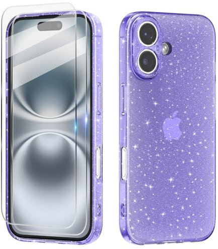 Tikgue Hülle für iPhone 16 mit 2 Stück Schutzfolie，Handyhülle Glitzer Transparent Silikon Stoßfeste Schutzhülle Slim Weich TPU Case Kompatibel mit iPhone 16 - violett