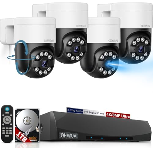 OHWOAI 《4K/8.0 Megapixel & Smart Auto Tracking》Wired PTZ Security Camera System, 4K POE Cameras for Home Video Surveillance Systems