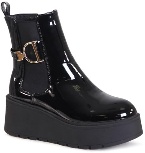 topschuhe24 3128 Damen XXL Plateau Stiefeletten Chelsea Boots, Farbe:Schwarz, Größe:37 EU