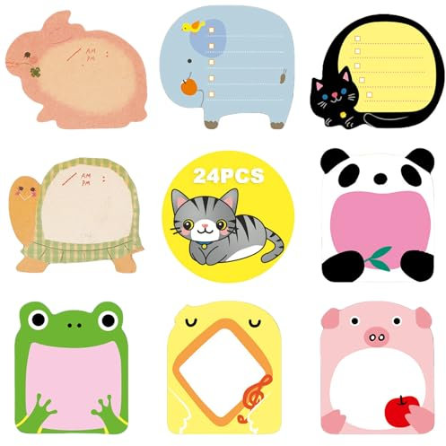 JOOTUEPO Bunt Cartoon Tiere Haftnotizen, 24 Paket Sticky Notes, Selbstklebende Haftnotizzettel, TierföRmiger Haftnotizblock Ideal für BüRo, Kinder, Studenten, Mitgebsel Kindergeburtstag