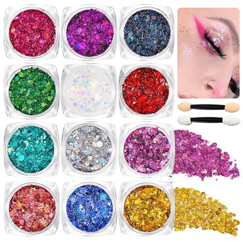Body Glitter Gel,12 Colors Chunky Face Glitter Makeup Kit for Festivals, Parties, Cosplay - Non-Toxic, Waterproof Glitter Sequins Gel for Face, Body, Hair, Nails