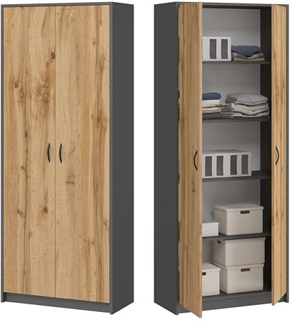 Armoire de bureau multi-usages avec 2 portes et 5 compartiments - 180 x 74 x 35 cm - Graphite/chêne Wotan