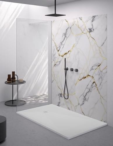 Piatto doccia rettangolare 90x100 cm effetto pietra marmoresina con griglia in tinta bianco ASIA