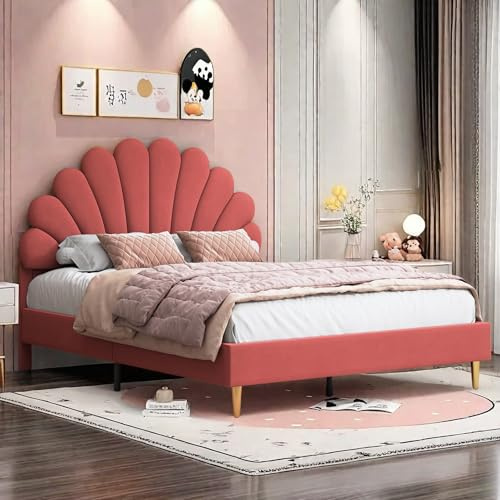 FEEOHOME Gepolstertes Kinderbett 140 x 200 cm, Prinzessinnen Bett in Blütenblattförmiges für Kinder, Mädchen Bett mit Metallrahmen und Lattenrost, Doppelbett ohne Matratze