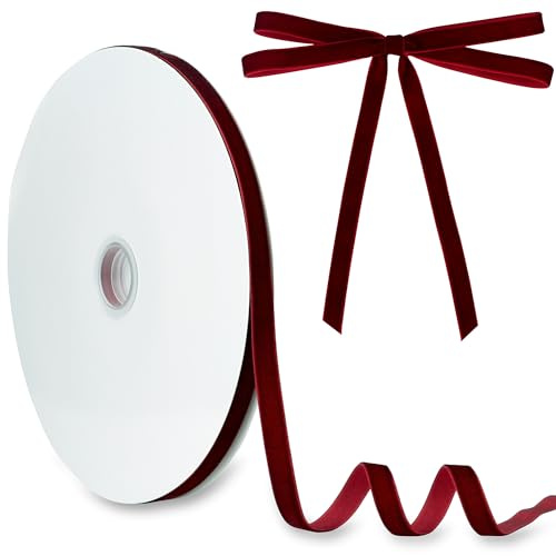 Velvet Ribbon 3/8 Inch (10mm) x 30 Yards Manjonzic Single Side Flocked Christmas Ribbon Roll for Gift Wrapping, Bouquets, Tree Bows, Holiday & Party Decoration Burgundy