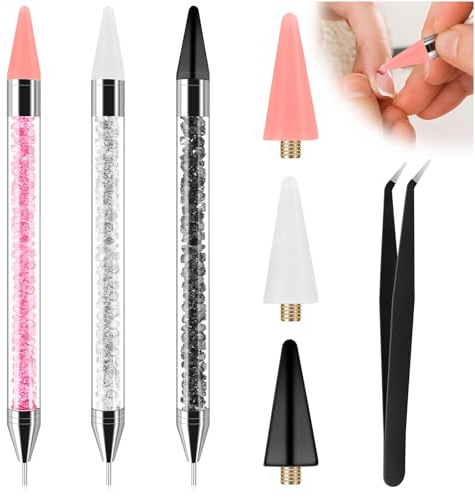 7 Pcs Rhinestone Picker Tool-3 Pcs Double-ended Wax Pencil for Rhinestones, Rhinestones Applicator with 3 Extra Wax Tips and 1 Tweezer for Nail Art and DIY Decoration (Black, White, Pink)
