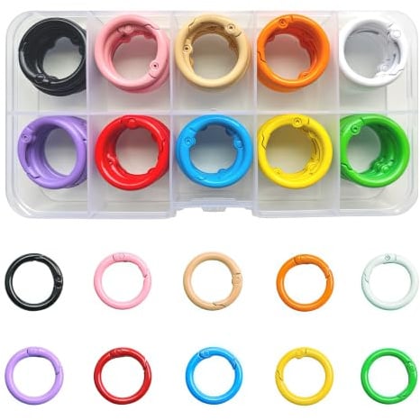 Fubuuf 50 Pezzi Mini Moschettone Rotondo 24mm Anello Molla in Metallo con Scatola Trasparente, O-Ring Clip Scatto Portachiavi Ganci Colorato per Portafogli, Borse, Artigianato Fai da Te (10 Colori)