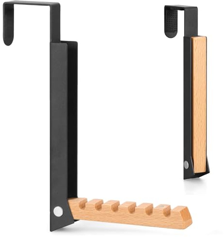 Over Door Hanger, Foldable Over Door Hook with 6 Grooves, Metal & Wood Overdoor Coat Hanger Hooks for Bedroom, Clothes, Towel, Hats, Bags (Black)