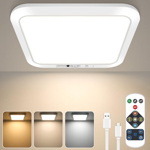 Akku Deckenleuchte Badezimmer mit Bewegungsmelder, Aufladbare Batterie LED Lampe mit Fernbedienung, Kabellose Dimmbar Deckenleuchte Innen Ohne Stromanschluss USB für Garage Flur Keller Treppenhaus