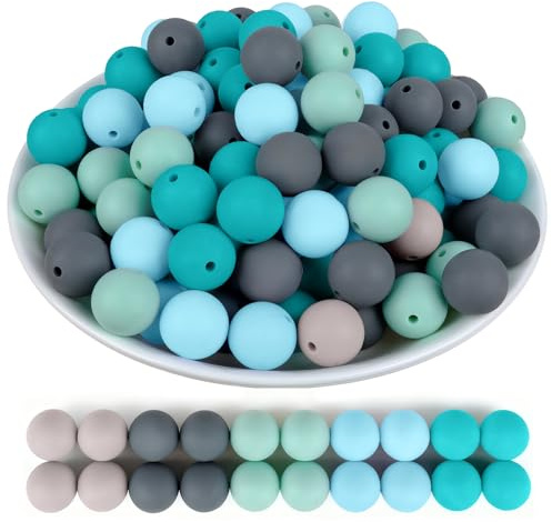 Artecreativa 100 perles en silicone de 15 mm pour la fabrication de porte-clés, perles en silicone bleu-vert, pour bracelets DIY, stylos, porte-clés, fabrication artisanale