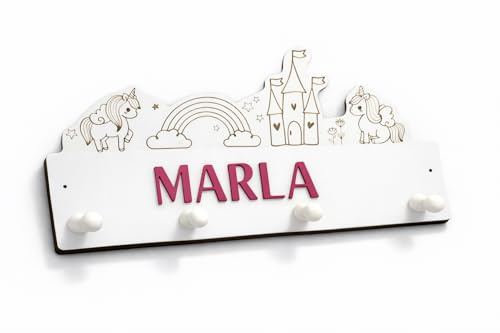 Personalisierte Kindergarderobe Einhorn Märchenwelt aus Holz – Wandgarderobe Kinderzimmer mit Name – Garderobe für Kinder mit Einhorn & Schloss – 3D Buchstaben in 19 Farben – ca. 39×22 cm