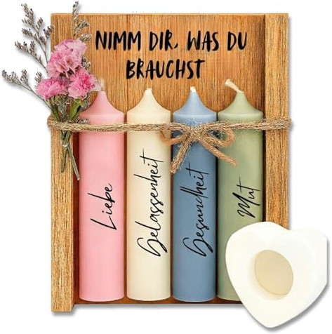 Kerzen-Set „Nimm, was du brauchst“ | Originelle Geschenkidee für Frauen, Geschenkbox für Freundin zum Geburtstag | Inklusive Kerzenhalter aus Holz | Liebe, Gelassenheit, Mut, Gesundheit