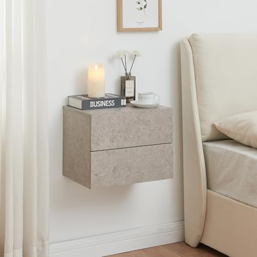 [en.casa] Nachtschrank Ampfing Nachttisch hängend Betonoptik, hell Nachtkästchen mit 2 Schubladen Wandkonsole Hängeschrank Schweberegal 40 x 29 x 30 cm