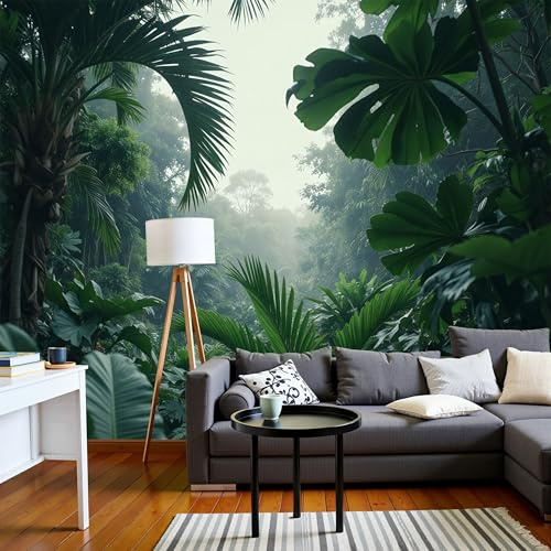 DACRWEKZ Papier Peint Feuilles de palmier, Papier Peint Panoramique Forêt tropicale humide Vert foncé Pour Salon Chambre Bureau Couloir, Décoration Murale Poster Intérieure, 300x210cm