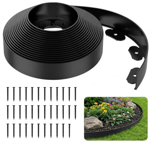 Rasenkante 10 m aus Kunststoff – Flexible Beeteinfassung & Gartenkante mit 35 Erdspießen, 5 cm hoch, schwarz – Für Beetumrandung, Mähkante, Rasenkante & Beetabgrenzung – Ohne Graben