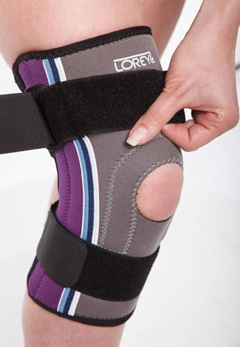 LOREY Verstellbare Kniebandage für Frauen und Männer, Kniestütze aus offenporigem Neopren, Knieorthese mit Seitenstabilisatoren, für Fussball, Laufen oder Fitness, linkes und rechtes Knie, Größe XL