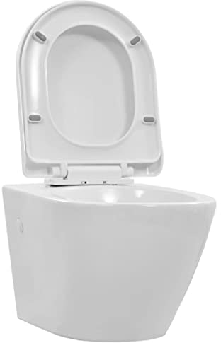 vidaXL Toilette Suspendue au Mur sans Rebord Siège de Toilette WC Toilette Cuvette Salle de Bain Maison Intérieur Durable Céramique Blanc