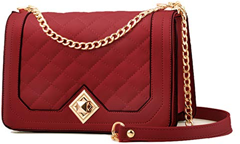 Travistar Damen Umhängetasche Kleine - Kette Schulterriemen Crossbody Bag - Lingge Tasche Schultertasche Abendtasche Citytasche Leder Feste Schultertasche Multifunktionstasche 23x15x9 cm, Weinrot