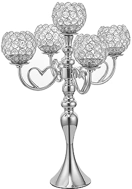 VINCIGANT Kerzenhalter mit 5 Armen, silberner Kristall-Kandelaber für Hochzeit, Heimdekoration, für Tischdekoration, Halloween, Buffet, Schrank, Kandelaber, Ornamente, Geschenk