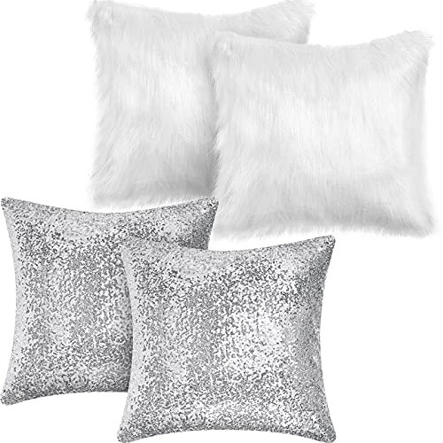 Irenare 4 Stück Pailletten und Flauschige Kissenbezüge Winter Kunstfell Wurfkissenbezug Glitzer Kissenbezüge Weich Fuzzy Kissenbezug für Couch Bett Sofa Weihnachten (Silber, 45,7 x 45,7 cm)
