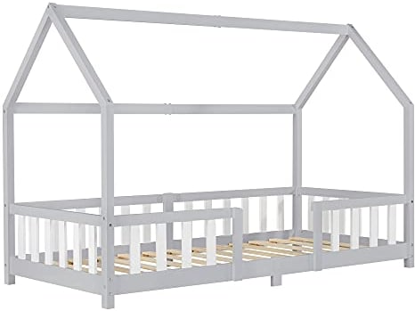 [en.casa] Kinderbett Sisimiut Hausbett Montessori 90 x 200 cm mit Rausfallschutz Holzbett für Kinder Bodenbett Lattenrost Kiefernholz Hellgrau/Weiß