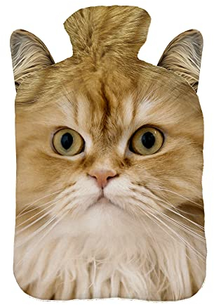 Wärmflasche mit Pullover Bezug 2 Liter Bettflasche mit schönen Fleece-Druck Bezug Gummi Wärmflasche mit Deckel Weiß Katze mit Ohren [092]