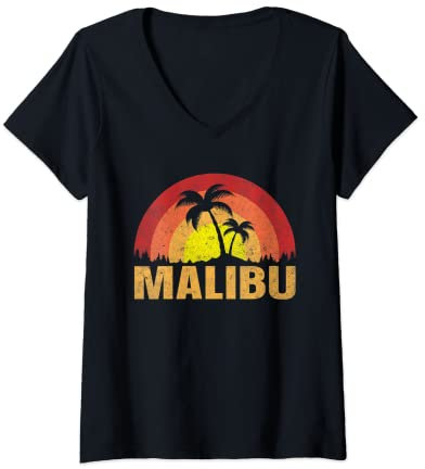 Damen Malibu Sonnenuntergang Strand Vintage Retro T-Shirt mit V-Ausschnitt
