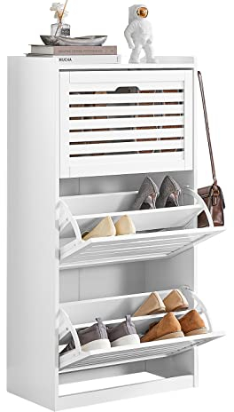 SoBuy FSR108-W Schuhschrank mit 3 Klappen Schuhregal mit 2 Hacken Schuhkipper mit 6 Ablageflächen Schuhkommode Schuhablage Weiß BHT ca.: 55x112x30cm