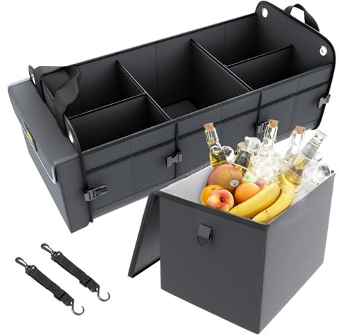 MIKKUPPA Kofferraum Organizer mit Kühltasche – 100L Große Kofferraumtasche | Zusammenklappbarer Auto Organizer aus 1680D Oxford, Mit 2 Verstellbaren Gurten für Auto, SUV & LKW (Grau)