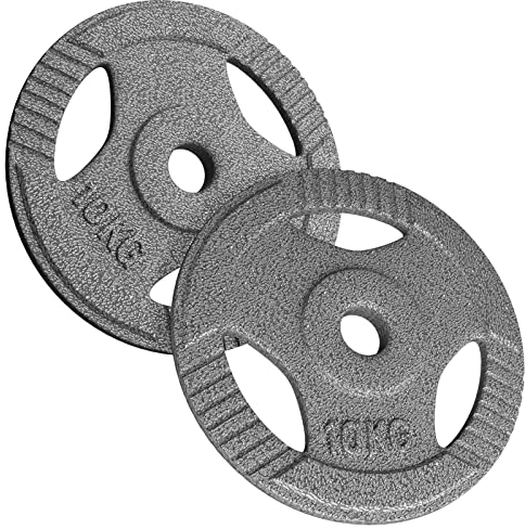 Physionics® Hantelscheiben Set - 1x5/2x5/4x5/6x5/1x10/2x10/4x10/6x10 kg, aus Gusseisen, mit Griff, 31mm Bohrung, für Langhantel/Kurzhantel - Gewichtsscheiben, Gewichte Scheiben Set (2x10kg (20kg))