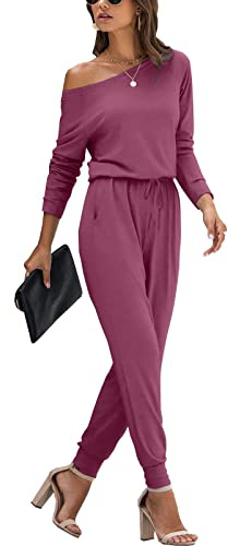 YUNDAI Womens Jumpsuits One Piece Casual Off Shoulder Playsuit Long Sleeve Overalls Elastic Waist Stretchy Romper with Pockets