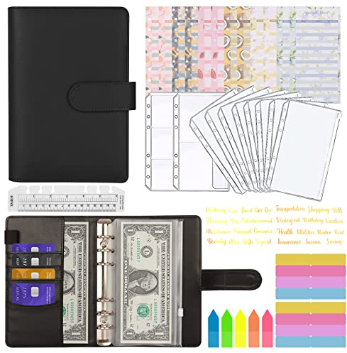 MARICATO Budget Planner A6, 29-Stück Budgetplaner Binder Budget, Geld Organizer Sparbuch, Bugetplaner mit Folien Haushaltsbuch mit Geldfächer, Cash Stuffing Money Organizer-Schwarz