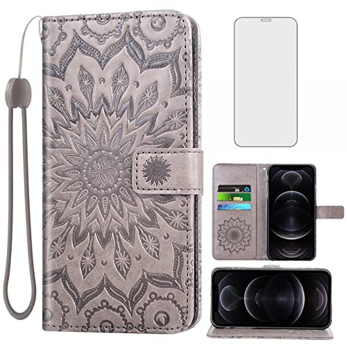 Phone Case for iPhone 12 Mini 5.4 Wallet Cases with Tempered Glass Screen Protector and Leather Slim Flip Cover Card Holder Stand Cell Accessories iPhone12mini 5G i 12s iPhone12 12mini Women Men Gray