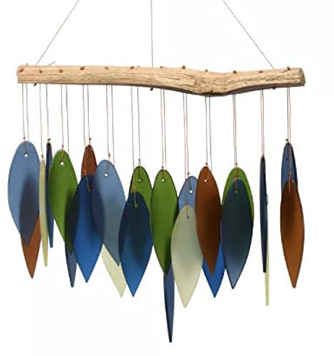 Blue Handworks Atlantic Coast Windspiel, sandgestrahltes Glas und gefundenes Holz, handgefertigt