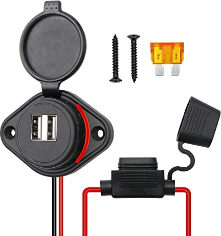USB Auto Steckdose, 4.8A 12V/24V USB Steckdose, Auto USB Ladegerät USB Dose, Dual USB Stecker Rotes Kabel Ladegerät Buchse mit Sicherung 5A LED Rotem Licht für Auto, Wohnwagen, Jachten