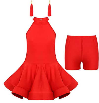 iEFiEL Mädchen Quasten tanzkleid latein Salsa Bauchtanz Outfit Tanzkostüm Crop Top+Rock+Ohrringen+Armstulpen Wettbewerb Pailletten Kleider X Rot 122-128