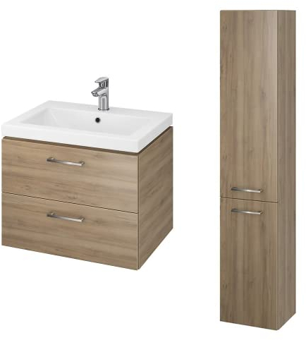 BAD LAND Badmöbel Komplett-Set Lara Como 60 Nussbaum Waschbecken-Unterschrank 60cm mit Hochschrank 150cm, Keramikwaschbecken, Badezimmermöbel 2-Schubladen, Hochhängeschrank mit 2-Türen