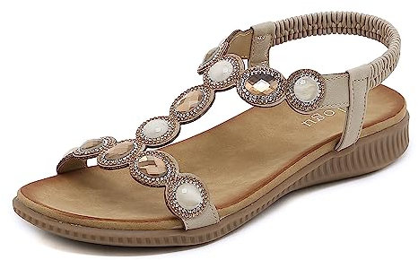 ZOEASHLEY Sandalen Damen Strass Flache Sandaletten Sommer Offene Zehe Zehentrenner Bohemian Flip Flops Beige29 38 EU
