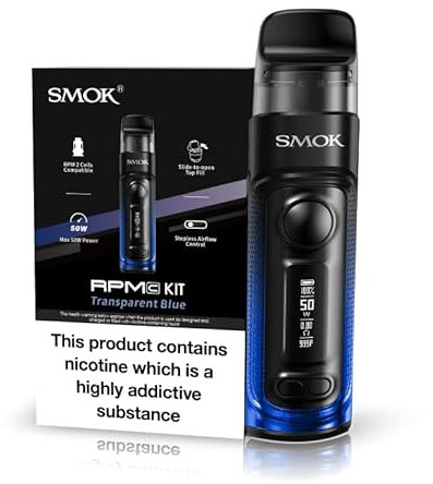 SMOK RPM C Vaping Kit, Long Lasting Battery, Bold Design, Easy Top Fill, Budget Friendly, 50W, 2mL, Utilize RPM 2 Coils, E Cigarettes, E Cig, Starter Kit, SMOK Vaping, No Nicotine (Transparent Blue)
