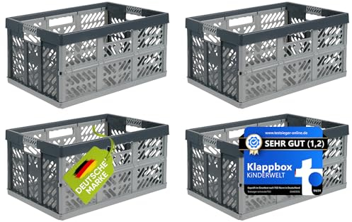 KiNDERWELT 4 x Stabile Profi-Klappboxen mit Soft-Touch Griffen, 54 x 37 x 28 cm, 45 l, Ben, Hellgrau