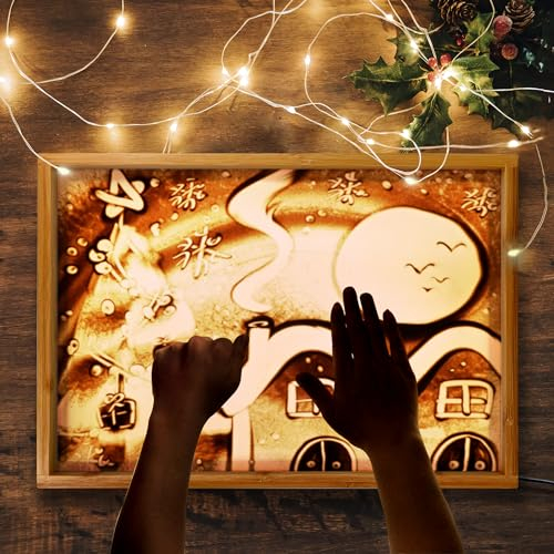 AtMini Sandmalerei Lichtkasten Licht Tisch für Kinder hölzerne Sand Kunst Tisch mit 10 Karten Sand Sensory Toy (11×16×1 in)